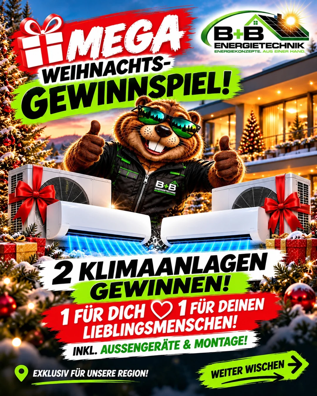 Weihnachtsgewinnspiel von B+B: zwei Klimaanlagen inklusive Außengeräten und Montage, eine für dich und eine für deinen Lieblingsmenschen.
