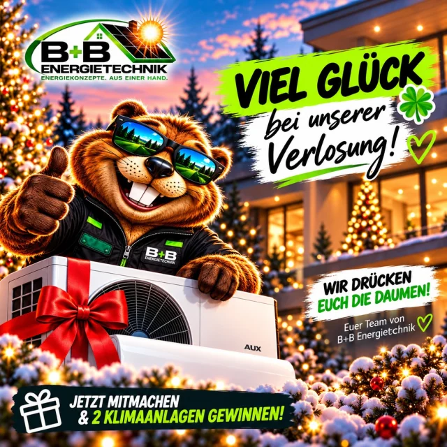 Das B+B Maskottchen mit einer verpackten AUX-Klimaanlage: Viel Glück bei unserer Verlosung!